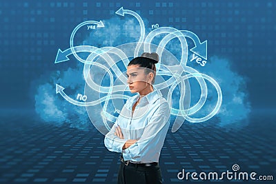 Attractive grumpy european businesswoman on blue background with arrows. Confusion and stress concept Stock Photo