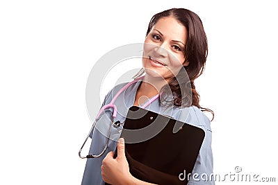 Attractive Hispanic Doctor or Nurse with Clipboard Stock Photo