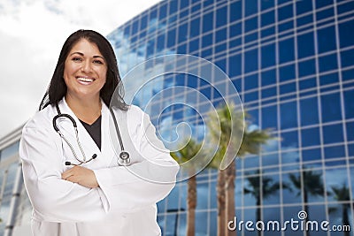 Attractive Hispanic Doctor or Nurse in Front of Building Stock Photo