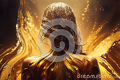 Beautiful woman swimming in liquid gold view from the back illustration generative ai Cartoon Illustration