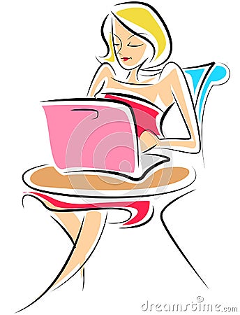 Attractive lady working on pink laptop Vector Illustration