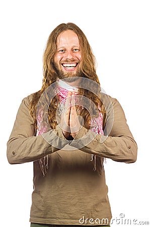 Attractive, laughing hippie with hands together. Stock Photo