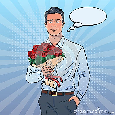 Attractive man with bouquet. Man goes on a date. Wants to give flowers. Vector Illustration