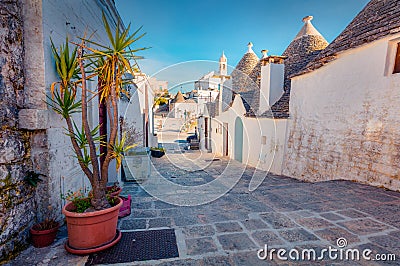 Attractive morning view of strret with trullo trulli - traditional Apulian dry stone hut with a conical roof. Stock Photo