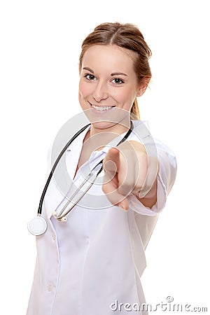 Attractive nurse pointing with finger Stock Photo