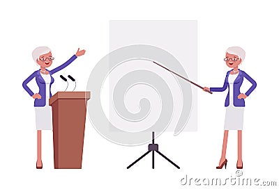 Attractive old woman, elderly businesswoman at tribune, white board Vector Illustration