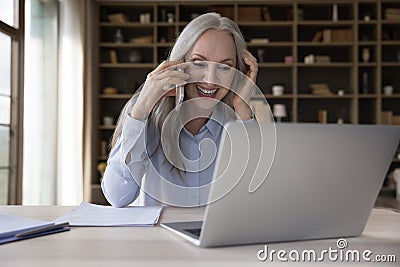 Attractive older businesslady working in office enjoy business call Stock Photo