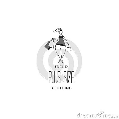 Attractive overweight woman on shopping. Hand drawn vector logo template. Body positive, plus size concept. Vector Illustration