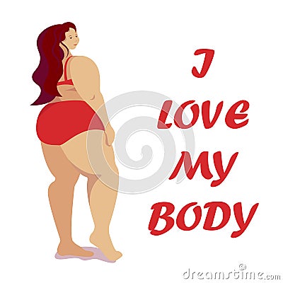 Attractive overweight woman is standing in swimsuit. Female cartoon flat style character. Love your body. Body positive Vector Illustration