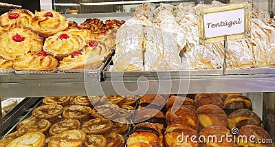 Attractive pastry in the window of a Portuguese bakery in Lisbon, Portugal, Europe Stock Photo