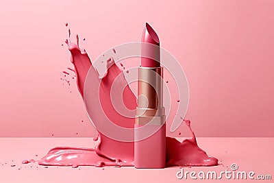 Attractive pink lipstick product on a pink background Stock Photo