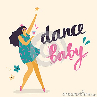 Body positive girl dancing. Vector Illustration