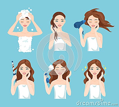 Attractive pretty woman wash, care and style her hair. Hair treatment procedures. Vector Illustration