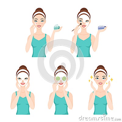 Attractive pretty young woman dressed in casual t-shirt care her face and skin Vector Illustration