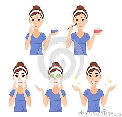 Attractive pretty young woman dressed in casual t-shirt care her face and skin, using cream and applying natural mask. Vector Illustration