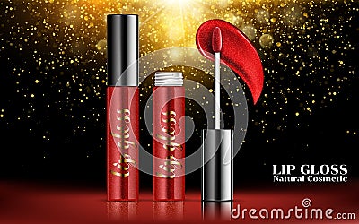 Attractive red lip gloss ads, sticky and glossy liquid texture with transparent glass container in vector design Vector Illustration