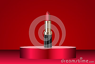 Attractive red lipstick product on round premium podium. Isolated on red background. Makeup container mockup Vector Illustration