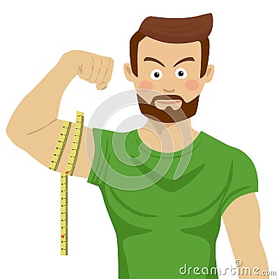 Attractive serious fit man flexing his bicep and measuring it with tape-line Vector Illustration