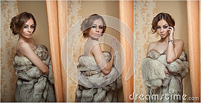 Attractive young woman wearing a fur coat posing provocatively indoor. Portrait of sensual female with creative haircut Stock Photo