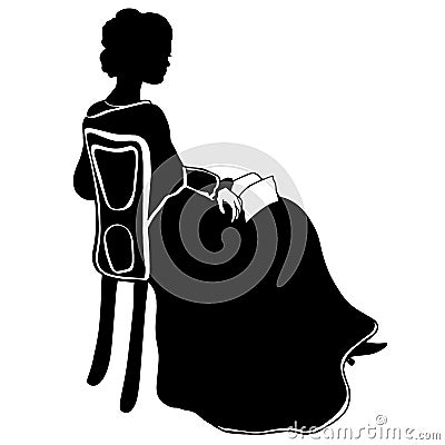 Attractive sitting girl silhouette with book. Vintage dreaming female silhouette in victorian style. Antique dress, shawl Vector Illustration