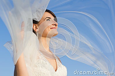 attractive smiling bride flying veil beautiful white wedding dress wind light blue sky background 45843441