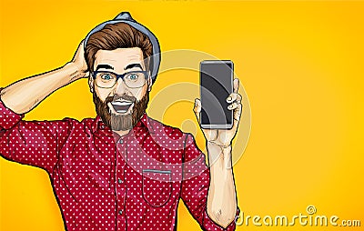 Attractive smiling hipster in specs with phone in the hand in comic style. Pop art man in hat holding smartphone. Stock Photo