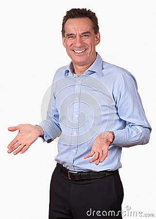 Attractive Smiling Man with Open Hands Stock Photo