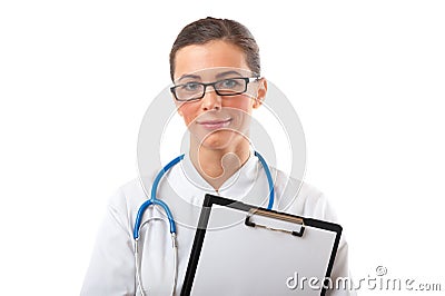 Attractive smiling woman doctor with stethoscope and blank clipboard Stock Photo