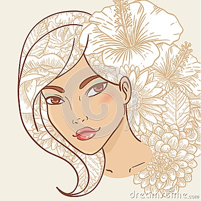 Attractive smiling young woman with floral hair Vector Illustration