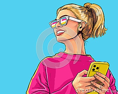 Attractive smiling young woman with mobile phone in hand. Wow girls looking forward in comic style . Stock Photo