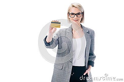 attractive stylish businesswoman showing credit card, Stock Photo