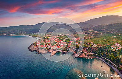 Attractive summer view of Kardamyli port. Wonderful morning seascape of Mediterranean sea. Stock Photo