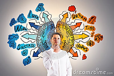 Attractive thoughtful young european businessman with creative drawing of different brain hemispheres on concrete wall background Stock Photo