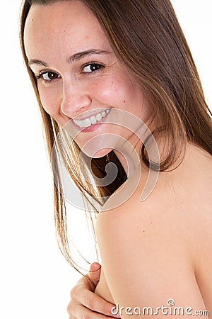 Attractive topless young woman poses in front of white background Stock Photo