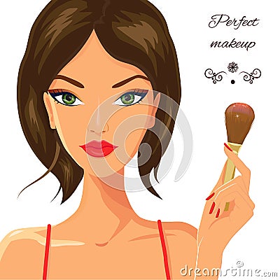 Attractive white woman applying blush. Fashion Vector Illustration