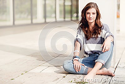 Attractive woman barefoot in summertime outdoor Stock Photo