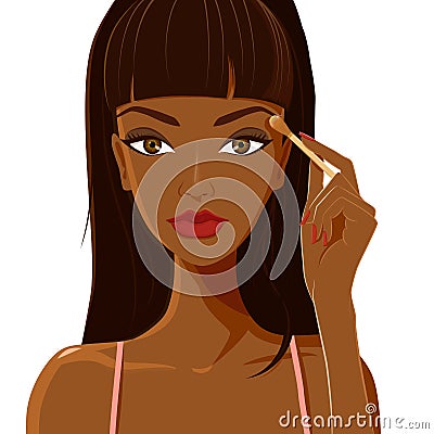 Attractive woman with dark skin applying eyeshadow Vector Illustration