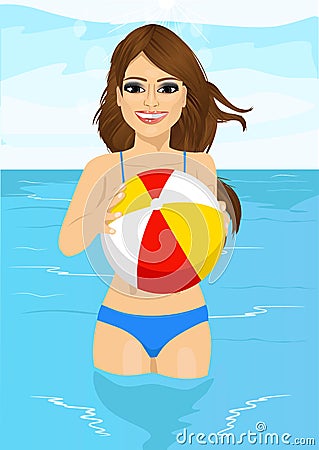 Attractive woman holding an inflatable striped ball standing in water Vector Illustration