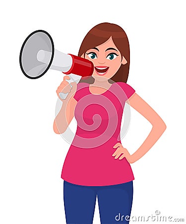 Attractive woman holding a megaphone/loud speaker and holding hand on hip. Girl making announcement with megaphone. Vector Illustration