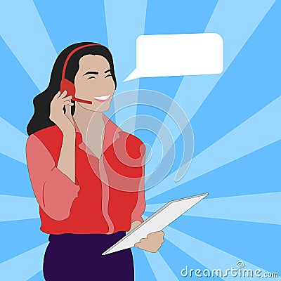 Attractive woman operator call center and empty speech bubble Vector Illustration