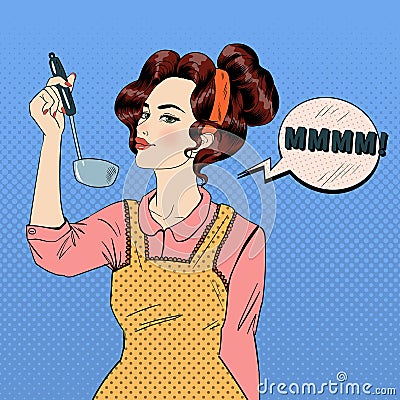 Attractive Woman in Pop Art Style Cooking in the Kitchen Vector Illustration