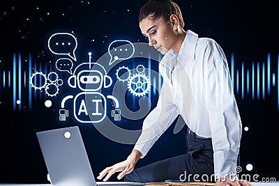Attractive woman sitting on desk with laptop and creative glowing robot ai hologram on blurry background. Automated machine Stock Photo