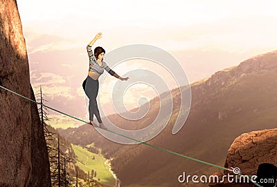 Attractive Woman Slacklining Highlining In The Mountains Stock Photo