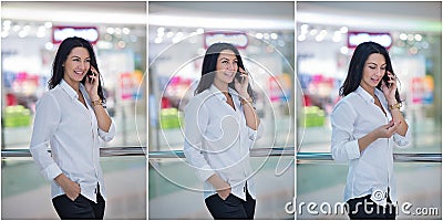 Attractive woman speaking on mobile in mall. Beautiful fashionable young girl in white male shirt posing in modern shopping center Stock Photo