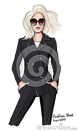 Attractive woman wearing leather jacket and sunglasses Vector Illustration