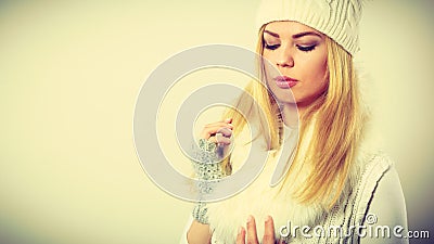 Attractive woman wearing winter clothes. Stock Photo