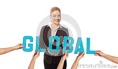 Attractive woman with the word GLOBAL Stock Photo