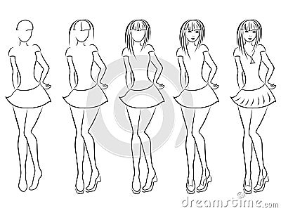 Attractive women contour in drawing sequence Vector Illustration