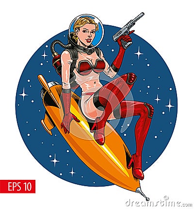 Attractive young astronaut woman riding a rocket or missile. Vector illustration Vector Illustration