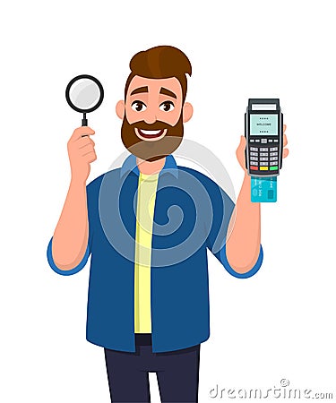 Attractive young bearded man showing/holding magnifying glass and credit/debit card swiping machine or POS terminal. Search, find. Vector Illustration